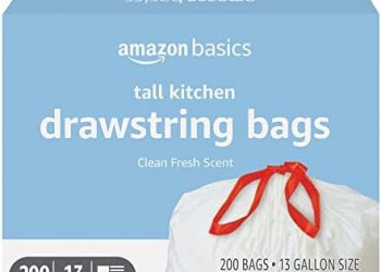 Amazon Basics Scented Trash Bags, Tall Kitchen Drawstring, Clean Fresh Scent, 13 Gallon, 200 Count, Pack of 1
