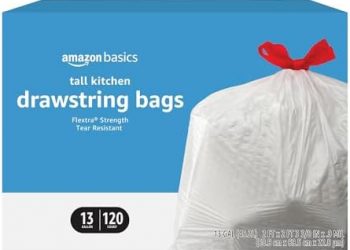 Amazon Basics Flextra Tall Kitchen Drawstring Trash Bags, 13 Gallon, 120 Count