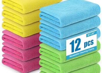 Microfiber Cleaning Cloths 12”x12” 12Pack Lint Free Kitchen Cloths – Extra Thick, Streak-Free, Lint-Free, Fast Absorbent – Reusable Multi-Purpose Housekeeping Rags for Cars, Dishes, Floors, Tiles